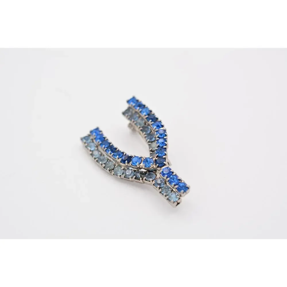 Vintage Wishbone Pin Brooch Blue Rhinestone Crystal Silver Tone Prong 80s BinAT